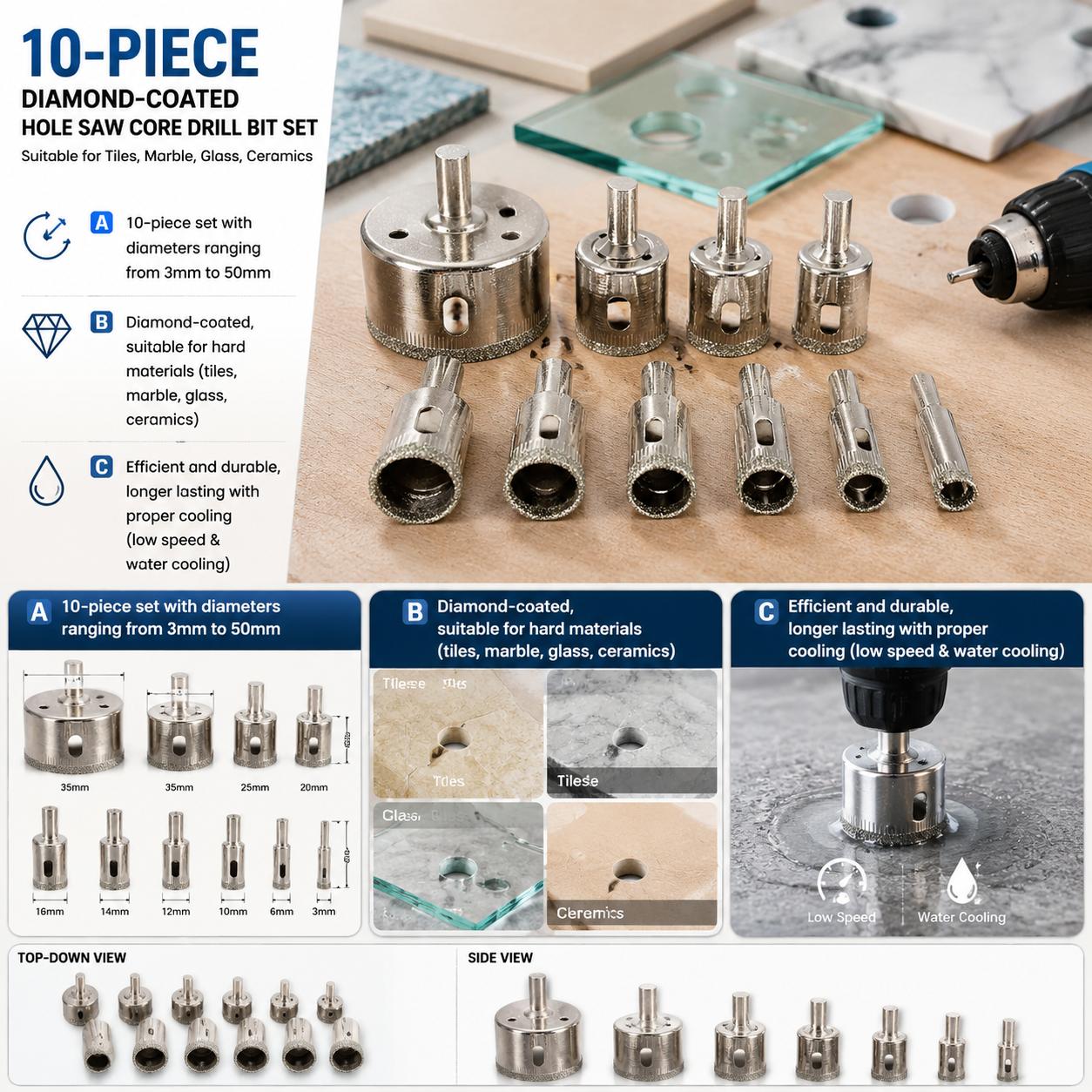 Reciprocating Saw Attachment Drill - ダイヤモンドコーティングドリルビットセット 10個入り プレミアムホールソーコアドリルビットキット セラミックタイル、ガラス、磁器、大理石、花崗岩、クォーツ用 滑らかな切断を実現する高性能電動工具アクセサリー 専門家、DIY愛好家、ホームセンターのプロジェクト向け