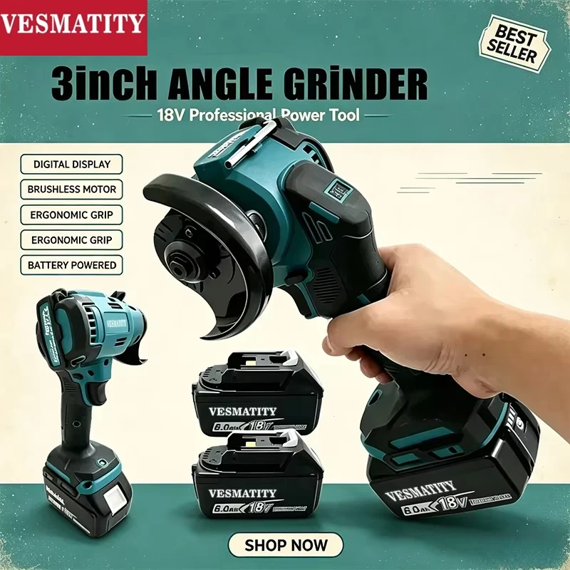 Brushless Angle Grinder Battery Powered - デジタル表示付き、ブラシレスモーター搭載の小型アングルグラインダー。研磨、研削、切断作業に使用できる電動工具。マキタ18V/20Vバッテリー対応。