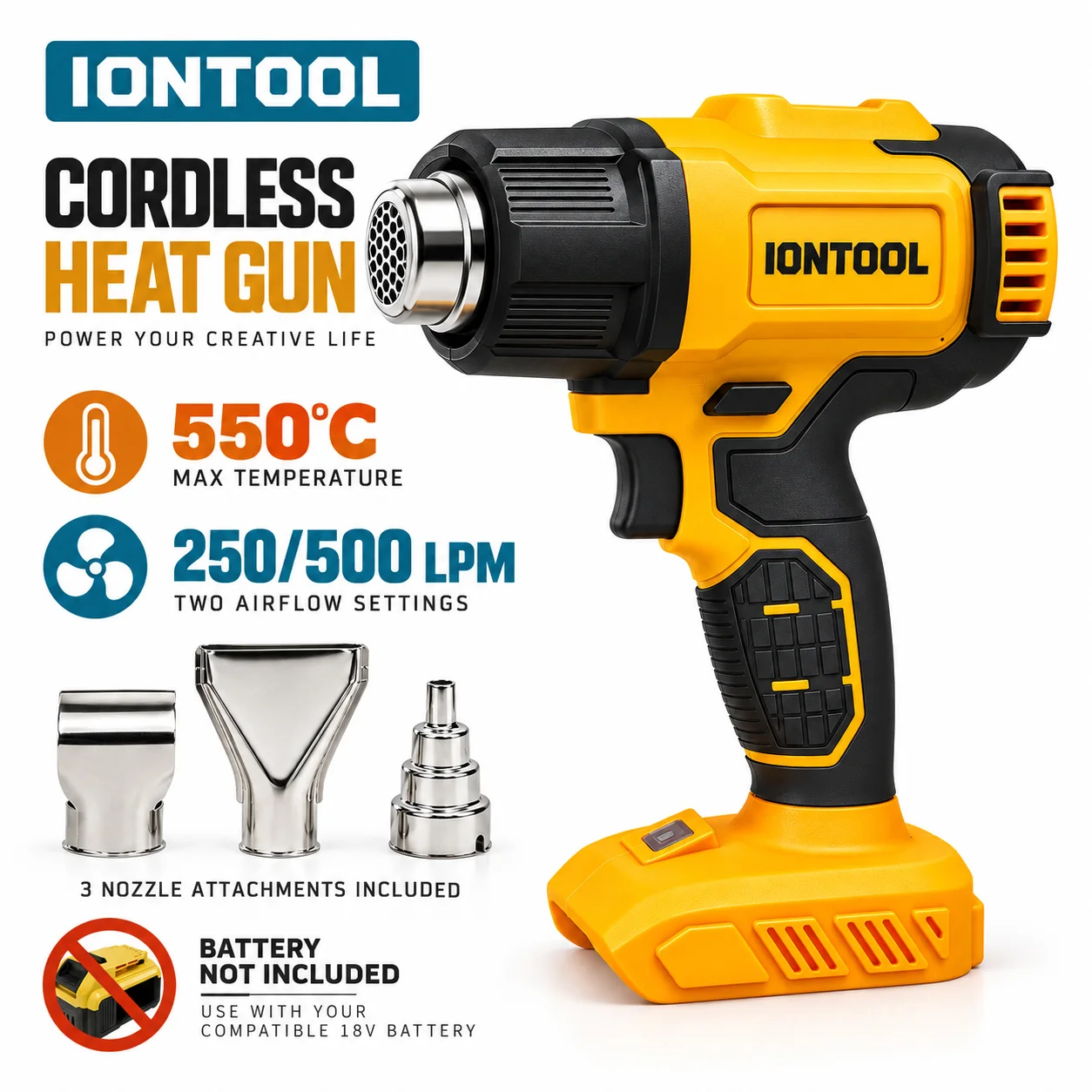 Cordless Heat Gun For Shrink Tubing - IONTOOL 黄色コードレスヒートガン 550 ℃ 家庭用収縮チューブのシーリング、ワイヤーの接続、接着剤の軟化、および工芸品の乾燥に。