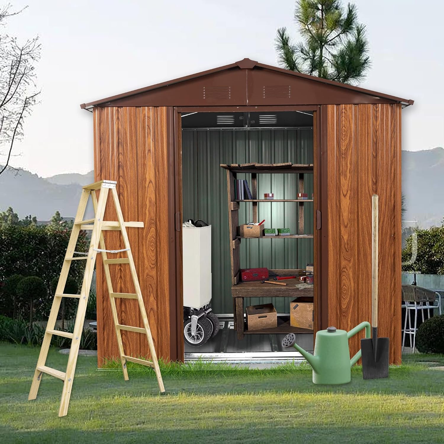 Garden Tools - 6フィート×6フィートの金属製屋外収納小屋。床フレーム、施錠可能なドア、換気窓、防水構造。裏庭や庭、芝生での使用に最適。工具小屋としても利用可能。カスタムメイド。