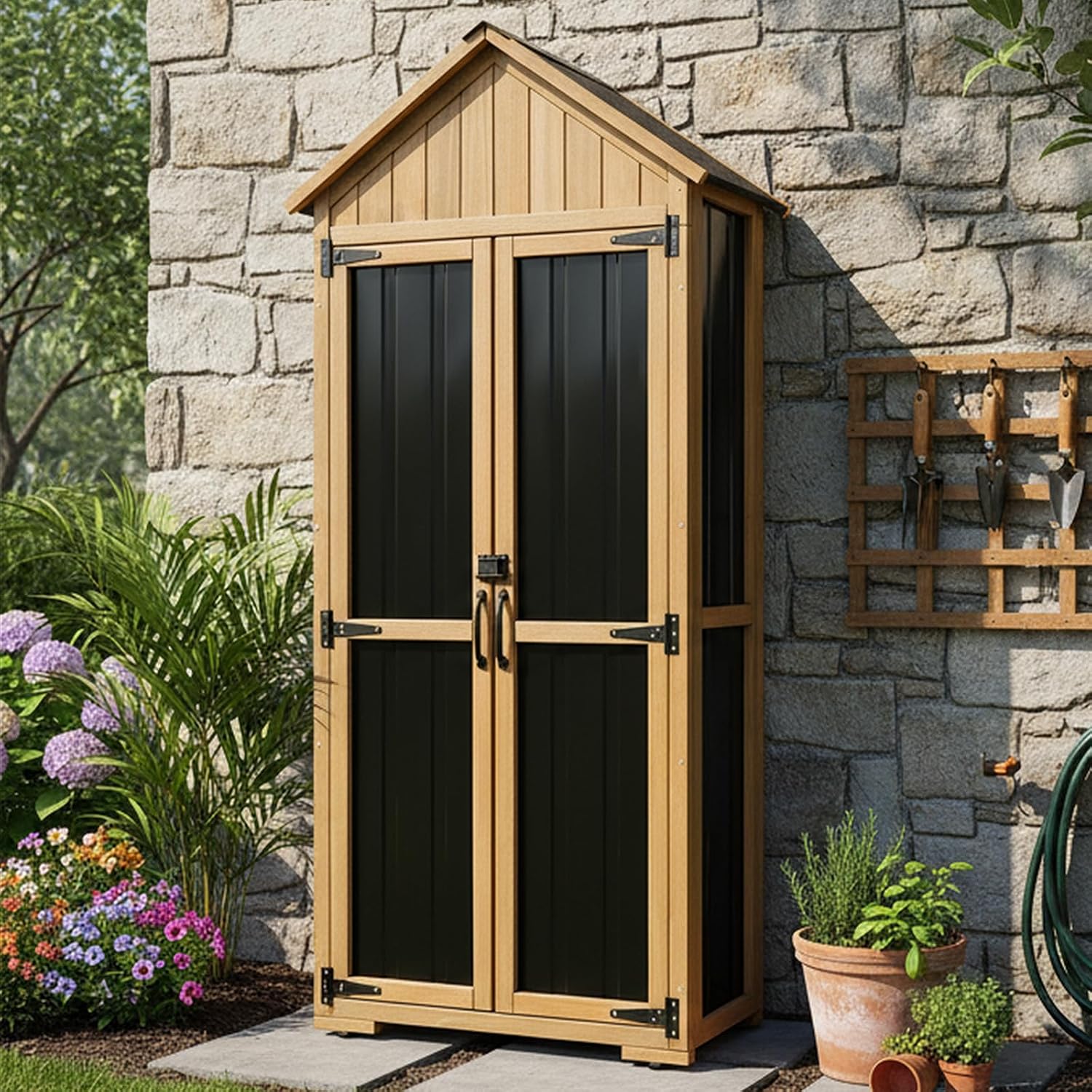 屋外用収納キャビネット。防水加工が施され、棚付き。木製と金属 - Garden Tools のレビューと価格