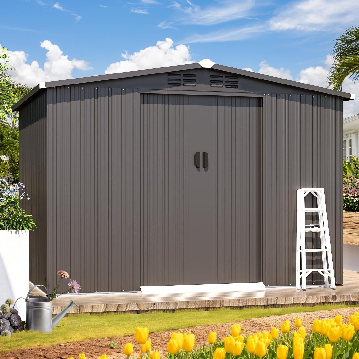 8フィート×6フィートの亜鉛メッキ鋼製屋外収納小屋。傾斜屋根 - Garden Tools のレビューと価格